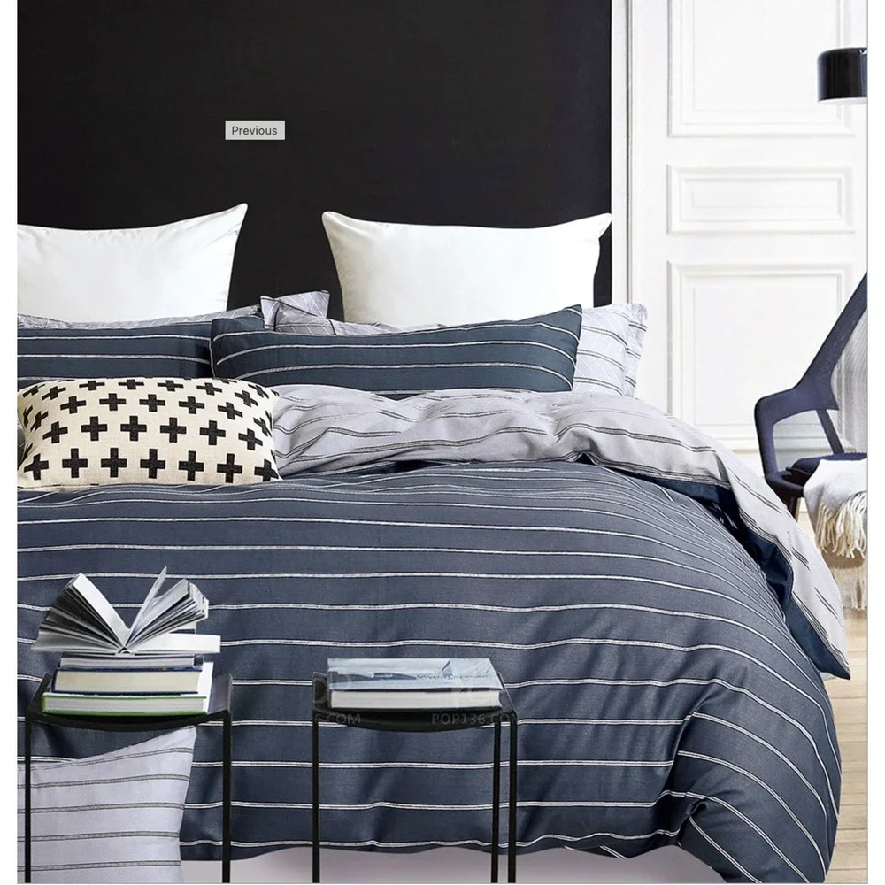 Gauggin Navy Blue Striped 100% Cotton Reversible Comforter Set Twin Minimalist